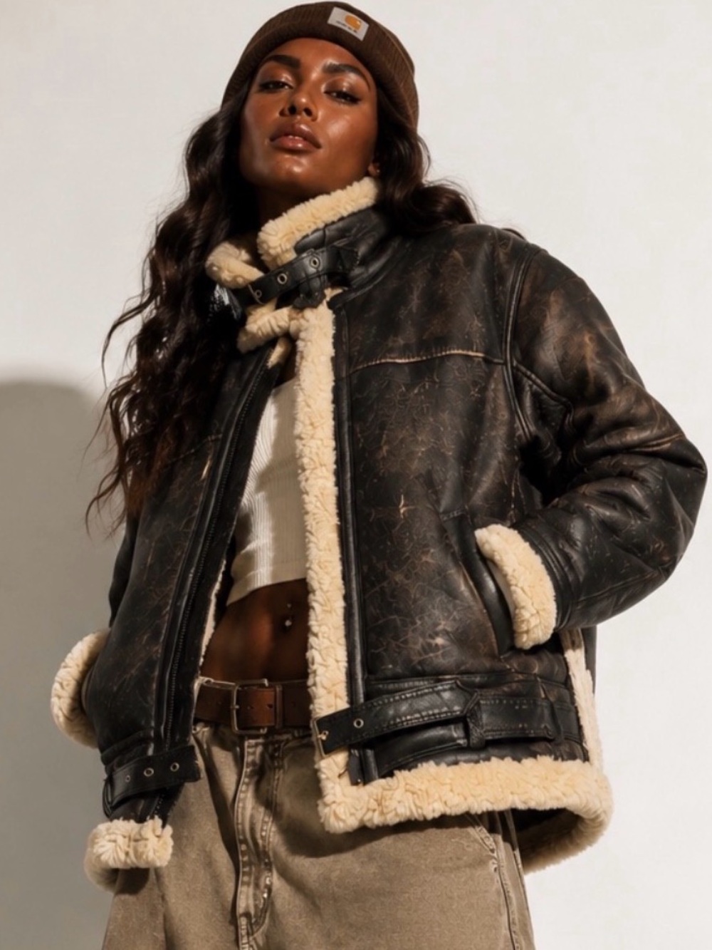 Distressed Brown Funnel Neck Shearling Aviator Moto Leather Look Jacket M